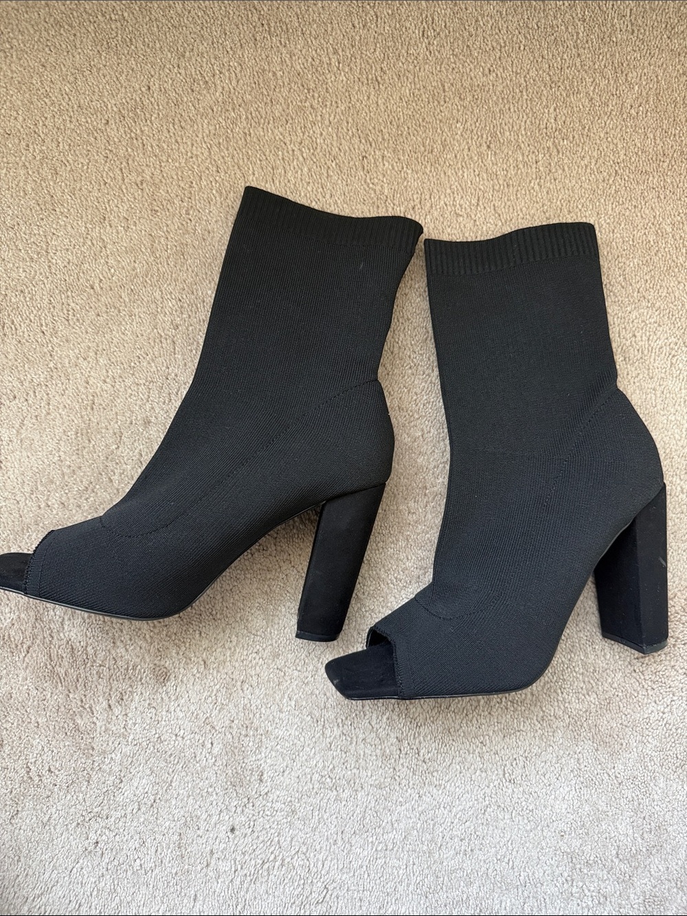 Black Knit Peep-Toe Sock Booties - Women's Heeled Ankle Boots